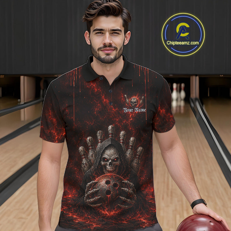 Male model wearing Red Thunder Grim Reaper bowling polo during league play, personalized skull bowling jersey, power, competitive athlete, sports bar league