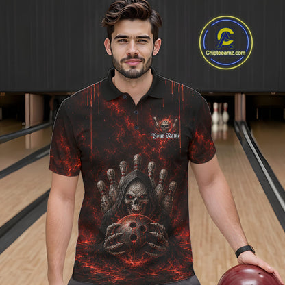 Male model wearing Red Thunder Grim Reaper bowling polo during league play, personalized skull bowling jersey, power, competitive athlete, sports bar league
