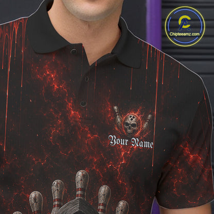 Male model wearing Red Thunder Grim Reaper bowling polo during league play, personalized skull bowling jersey, power, competitive athlete, sports bar league