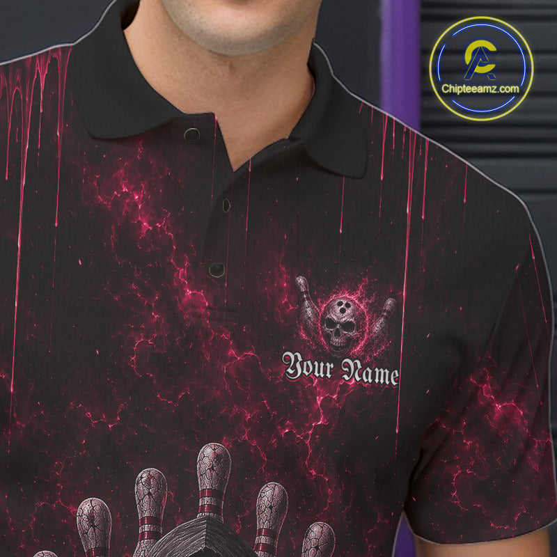 Male model wearing Pink Thunder Grim Reaper bowling polo shirt during league event, custom skull bowling jersey