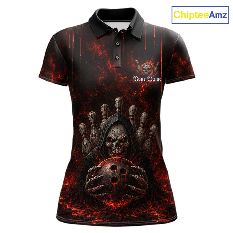 Custom Red Thunder Grim Reaper Women's Bowling Polo Shirt, Personalized Skull Bowling Team Jersey, Lightning Bowling League Apparel, Performance Polo, Gothic Sportswear, Halloween Theme, Victory, Strength, Precision, Bowling Tournament Uniform