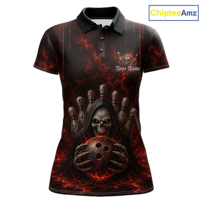 Custom Red Thunder Grim Reaper Women's Bowling Polo Shirt, Personalized Skull Bowling Team Jersey, Lightning Bowling League Apparel, Performance Polo, Gothic Sportswear, Halloween Theme, Victory, Strength, Precision, Bowling Tournament Uniform