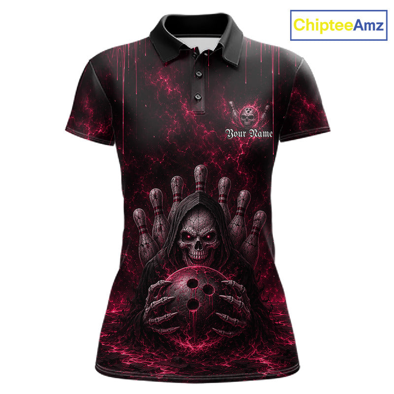 Custom Pink Thunder Grim Reaper Women's Bowling Polo Shirt, Personalized Skull Bowling Team Jersey, Lightning Performance Apparel, Pink Gothic Bowling League Uniform