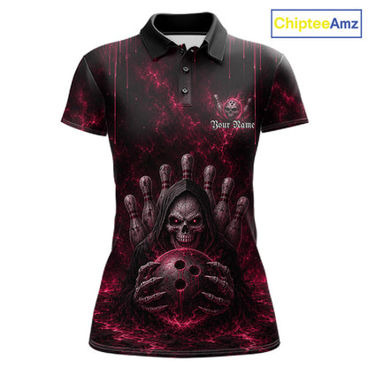 Custom Pink Thunder Grim Reaper Women's Bowling Polo Shirt, Personalized Skull Bowling Team Jersey, Lightning Performance Apparel, Pink Gothic Bowling League Uniform