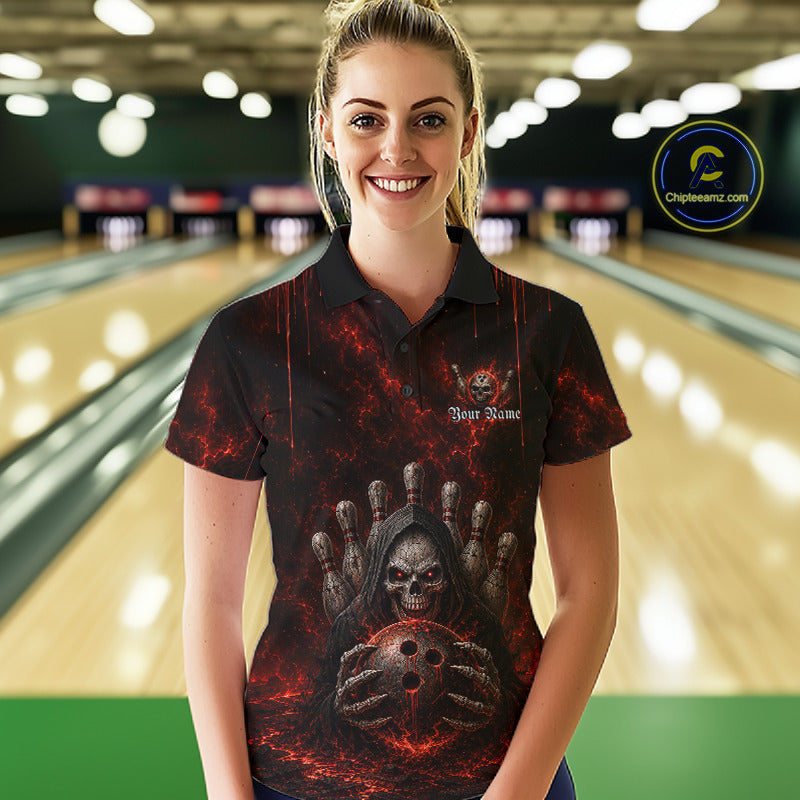 Female model wearing Red Thunder Grim Reaper bowling polo during league tournament, gothic sports fashion, personalized bowling apparel, confidence, resilience, alternative lifestyle, Halloween bowling