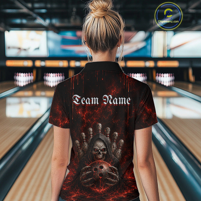 Female model wearing Red Thunder Grim Reaper bowling polo during league tournament, gothic sports fashion, personalized bowling apparel, confidence, resilience, alternative lifestyle, Halloween bowling