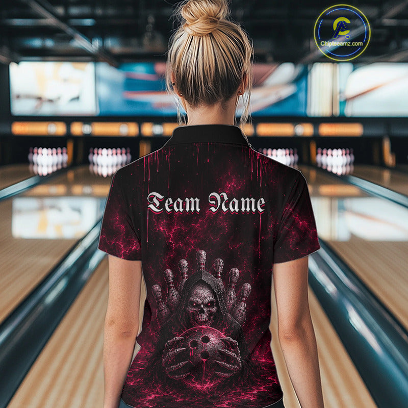 Female model wearing Pink Thunder Grim Reaper bowling polo during tournament, gothic athletic fashion, personalized bowling apparel