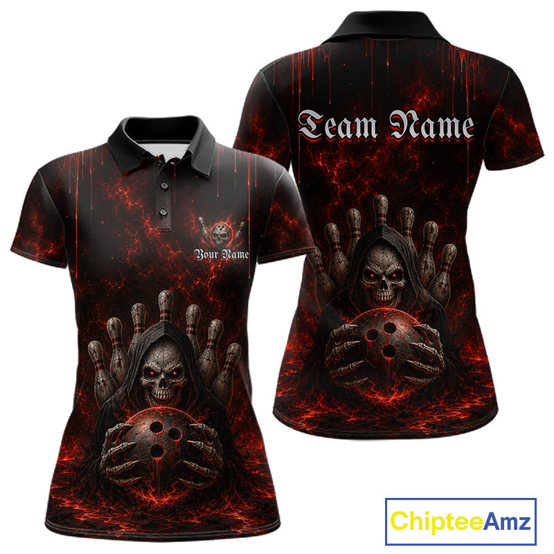Custom Red Thunder Grim Reaper Women's Bowling Polo Shirt, Personalized Skull Bowling Team Jersey, Lightning Bowling League Apparel, Performance Polo, Gothic Sportswear, Halloween Theme, Victory, Strength, Precision, Bowling Tournament Uniform