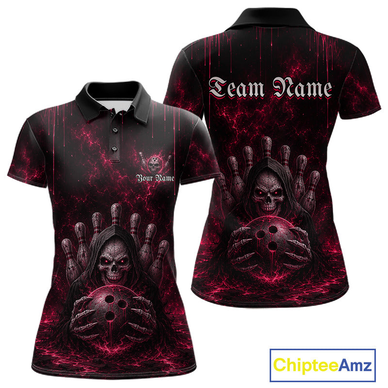 Custom Pink Thunder Grim Reaper Women's Bowling Polo Shirt, Personalized Skull Bowling Team Jersey, Lightning Performance Apparel, Pink Gothic Bowling League Uniform