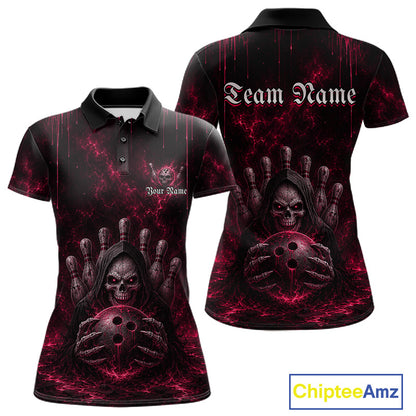 Custom Pink Thunder Grim Reaper Women's Bowling Polo Shirt, Personalized Skull Bowling Team Jersey, Lightning Performance Apparel, Pink Gothic Bowling League Uniform