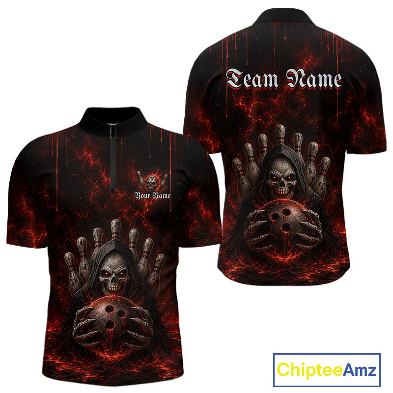 Red Thunder Grim Reaper Men's Bowling Quarter-Zip Shirt, Personalized Bowling League Jersey, Skull Performance Uniform, Competitive Bowling Apparel
