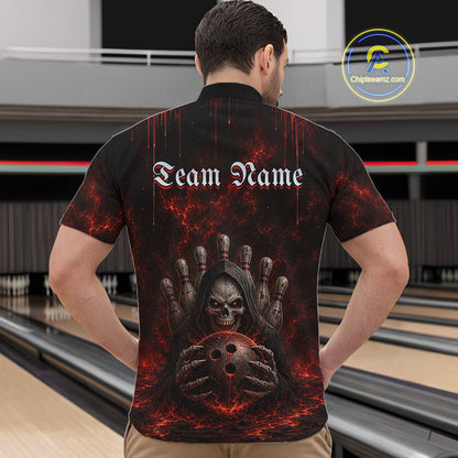 Male model wearing Red Thunder Grim Reaper bowling polo during league play, personalized skull bowling jersey, power, competitive athlete, sports bar league