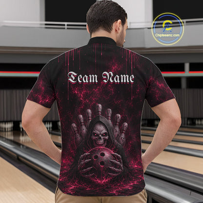 Male model wearing Pink Thunder Grim Reaper bowling polo shirt during league event, custom skull bowling jersey