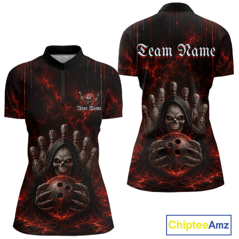 Red Thunder Grim Reaper Women's Bowling Quarter-Zip Shirt, Personalized Skull Bowling Jersey, Moisture-Wicking Tournament Apparel, Gothic Bowling League Uniform, Championship Spirit
