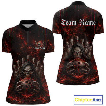 Red Thunder Grim Reaper Women's Bowling Quarter-Zip Shirt, Personalized Skull Bowling Jersey, Moisture-Wicking Tournament Apparel, Gothic Bowling League Uniform, Championship Spirit