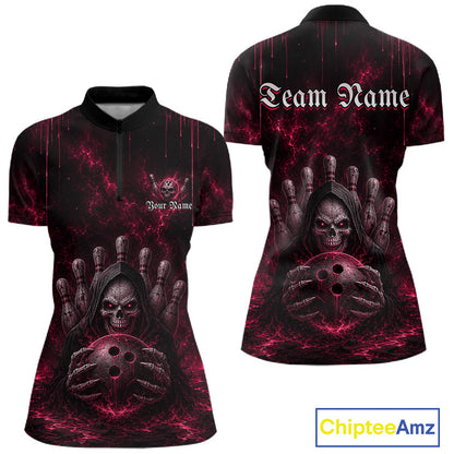 Pink Thunder Grim Reaper Women's Quarter-Zip Bowling Shirt, Personalized Skull Team Jersey, Performance Tournament Apparel