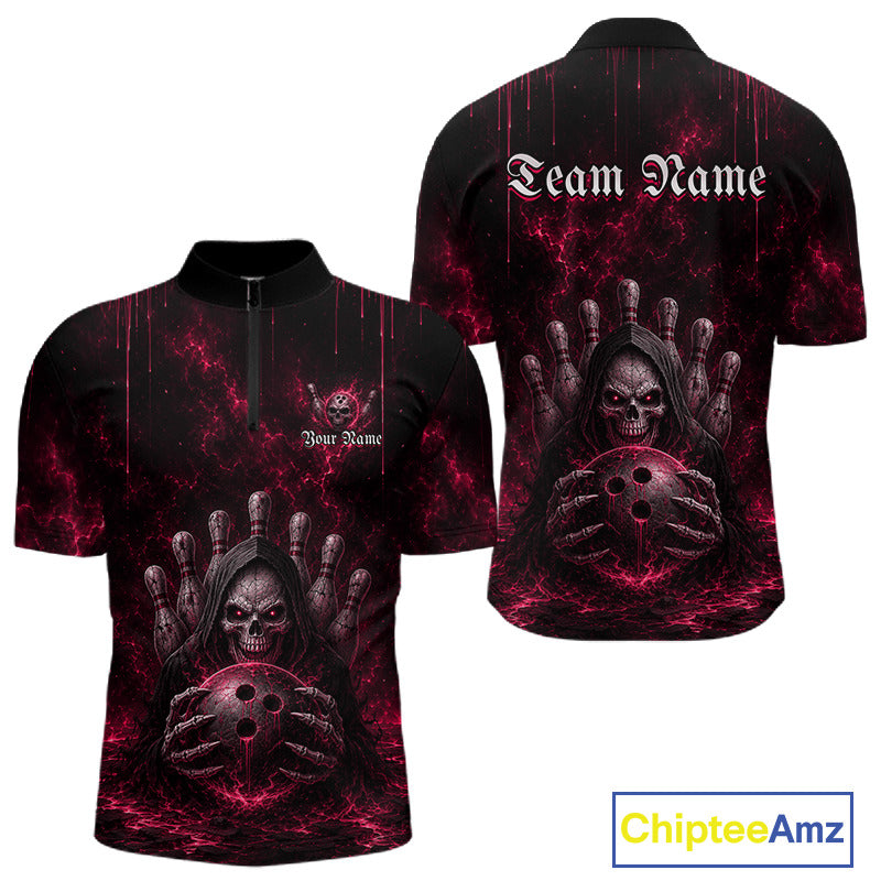 Pink Thunder Grim Reaper Men's Quarter-Zip Bowling Shirt, Personalized League Performance Jersey