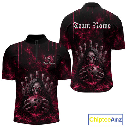 Pink Thunder Grim Reaper Men's Quarter-Zip Bowling Shirt, Personalized League Performance Jersey