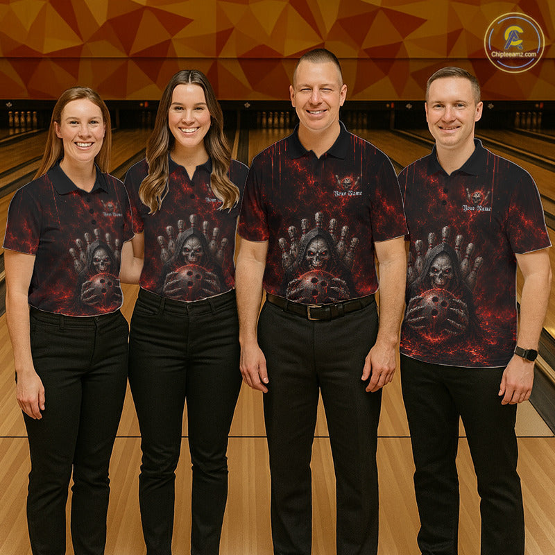 Bowling team wearing matching Red Thunder Grim Reaper polo and quarter-zip jerseys, personalized bowling uniforms, gothic theme, teamwork, championship, sports club, darts & billiards crossover