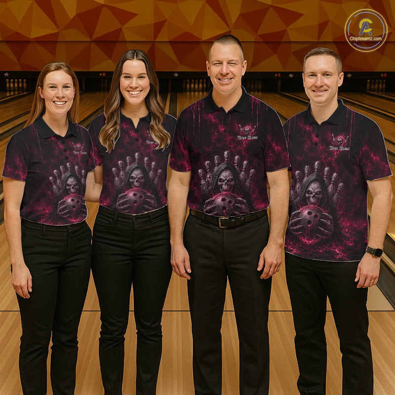 Bowling team wearing matching Pink Thunder Grim Reaper polo and quarter-zip jerseys, personalized team uniforms, confidence, championship, bowling community