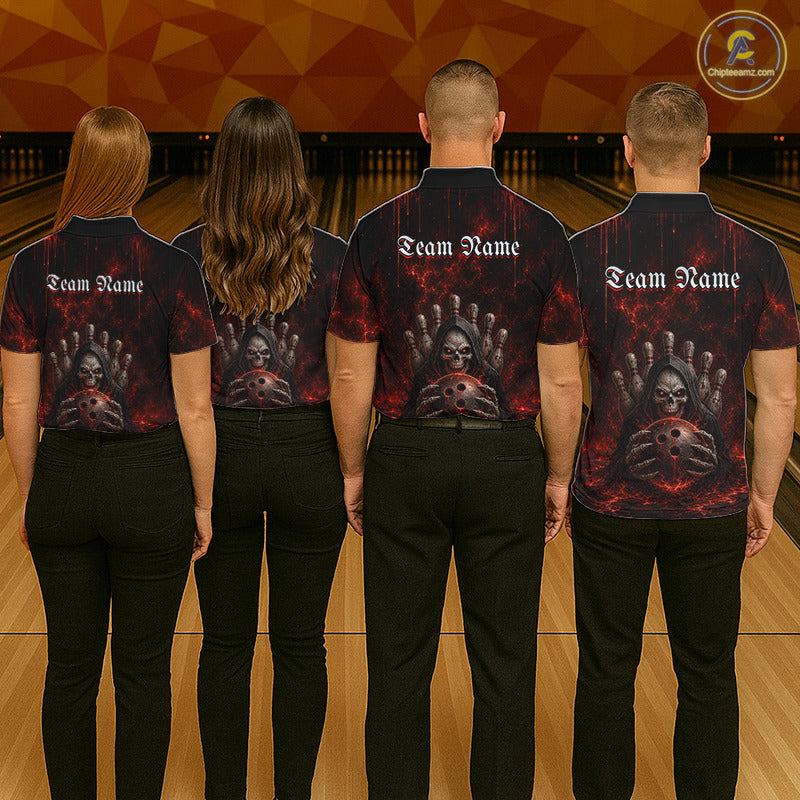 Bowling team wearing matching Red Thunder Grim Reaper polo and quarter-zip jerseys, personalized bowling uniforms, gothic theme, teamwork, championship, sports club, darts & billiards crossover