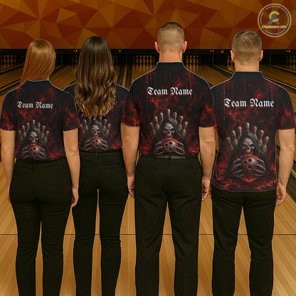 Bowling team wearing matching Red Thunder Grim Reaper polo and quarter-zip jerseys, personalized bowling uniforms, gothic theme, teamwork, championship, sports club, darts & billiards crossover