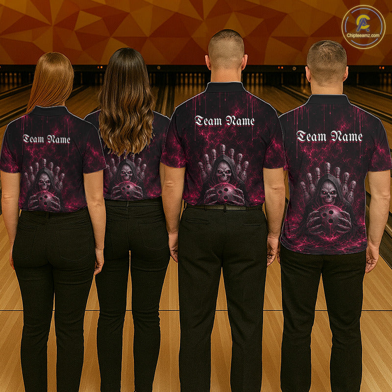 Bowling team wearing matching Pink Thunder Grim Reaper polo and quarter-zip jerseys, personalized team uniforms, confidence, championship, bowling community