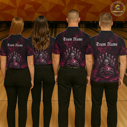 Bowling team wearing matching Pink Thunder Grim Reaper polo and quarter-zip jerseys, personalized team uniforms, confidence, championship, bowling community