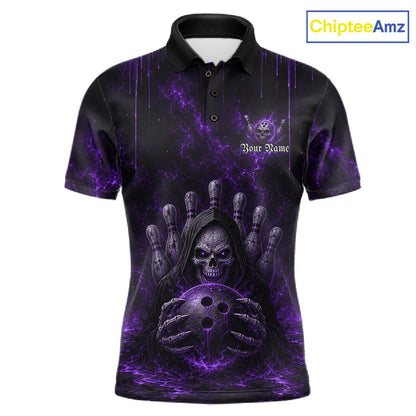 Custom Purple Thunder Grim Reaper Men's Bowling Polo Shirt, Personalized Bowling League Jersey, Purple Skull Athletic Apparel