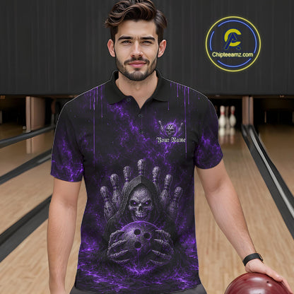 Male model wearing Purple Thunder Grim Reaper bowling polo, personalized skull team jersey, competitive sports apparel