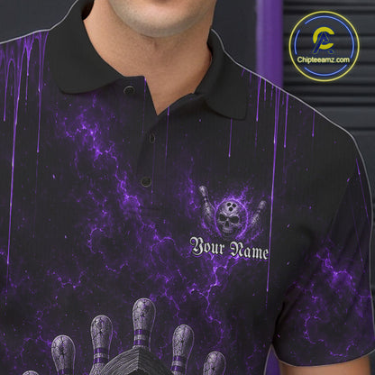 Male model wearing Purple Thunder Grim Reaper bowling polo, personalized skull team jersey, competitive sports apparel