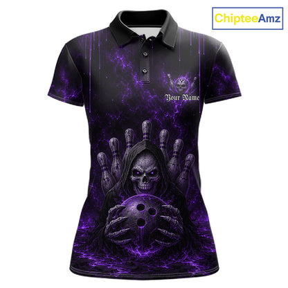 Custom Purple Thunder Grim Reaper Women's Bowling Polo Shirt, Personalized Skull Bowling Jersey, Purple Lightning Tournament Apparel, Gothic Performance Polo, League Team Uniform