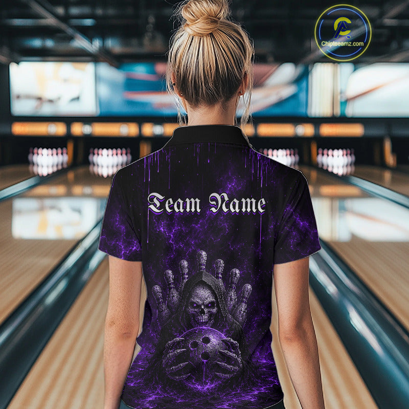 Female model wearing Purple Thunder Grim Reaper bowling polo, personalized league apparel, gothic fashion, confidence, bowling lifestyle
