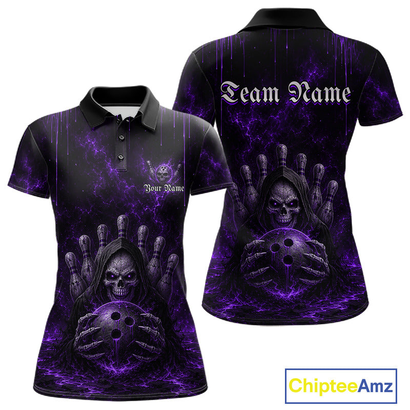 Custom Purple Thunder Grim Reaper Women's Bowling Polo Shirt, Personalized Skull Bowling Jersey, Purple Lightning Tournament Apparel, Gothic Performance Polo, League Team Uniform