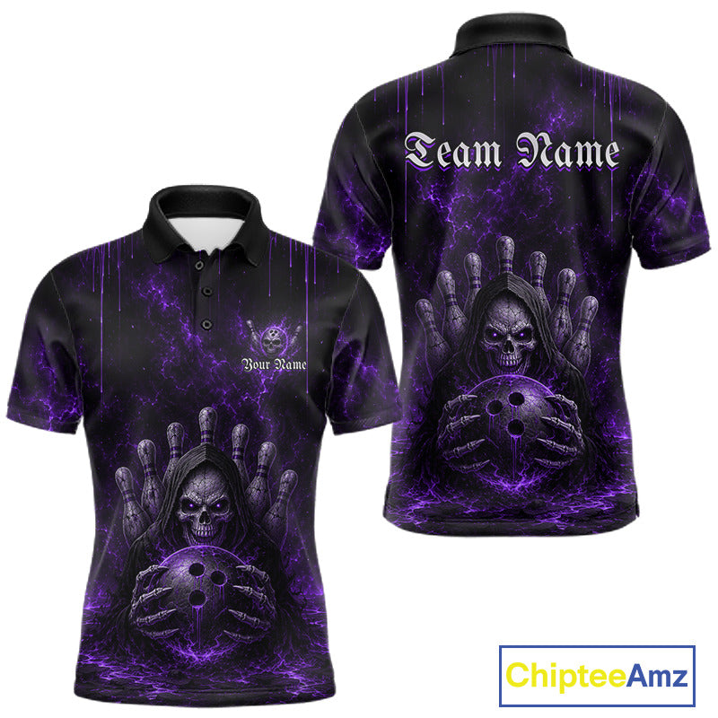 Custom Purple Thunder Grim Reaper Men's Bowling Polo Shirt, Personalized Bowling League Jersey, Purple Skull Athletic Apparel