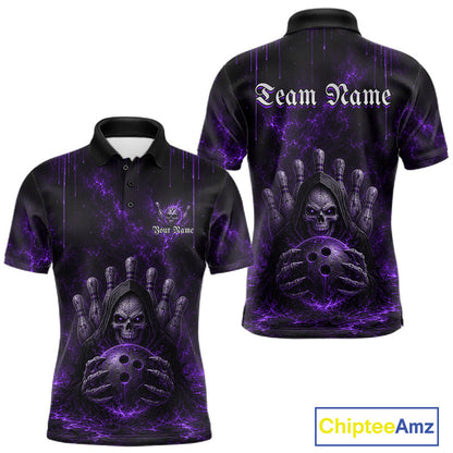 Custom Purple Thunder Grim Reaper Men's Bowling Polo Shirt, Personalized Bowling League Jersey, Purple Skull Athletic Apparel