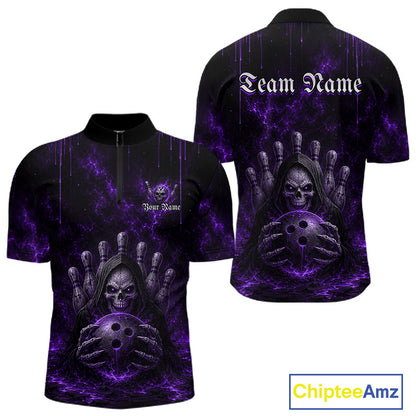 Purple Thunder Grim Reaper Men's Quarter-Zip Bowling Shirt, Personalized Skull Bowling Tournament Jersey