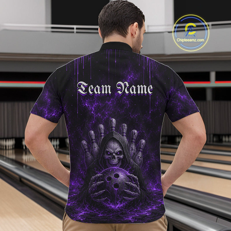 Male model wearing Purple Thunder Grim Reaper bowling polo, personalized skull team jersey, competitive sports apparel