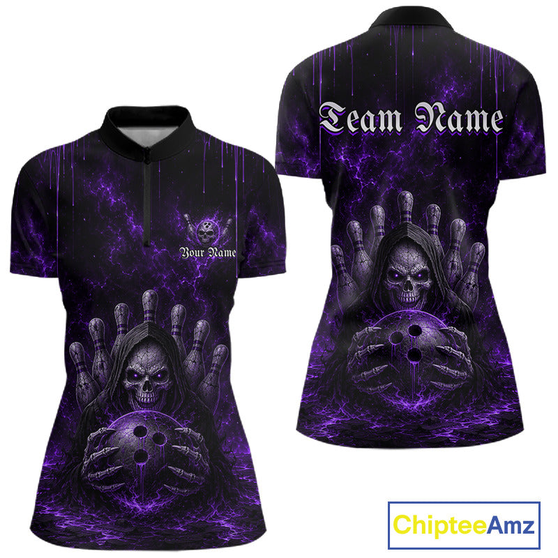 Purple Thunder Grim Reaper Women's Quarter-Zip Bowling Shirt, Personalized Gothic Bowling Team Jersey, Lightning Performance Apparel