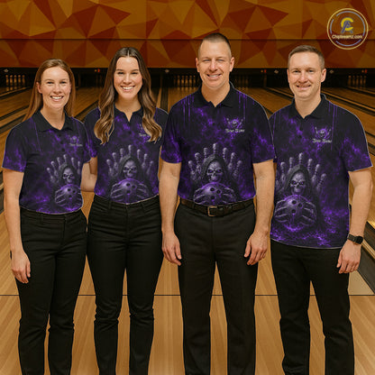 Bowling team wearing matching Purple Thunder Grim Reaper uniforms, personalized bowling jerseys, gothic sportswear, teamwork, victory, league champions