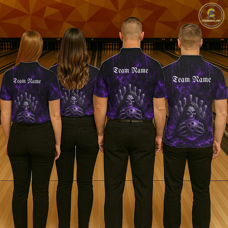 Bowling team wearing matching Purple Thunder Grim Reaper uniforms, personalized bowling jerseys, gothic sportswear, teamwork, victory, league champions