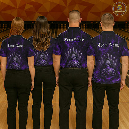Bowling team wearing matching Purple Thunder Grim Reaper uniforms, personalized bowling jerseys, gothic sportswear, teamwork, victory, league champions