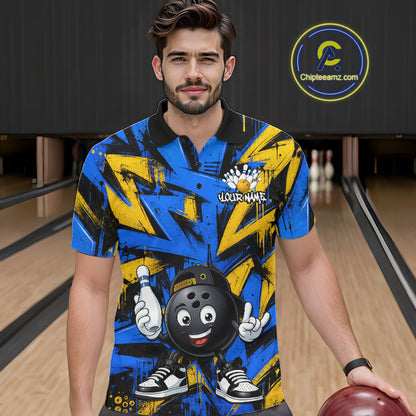 Male model wearing Funny Rock-On Bowling Ball bowling polo, personalized bowling jersey, fun sports lifestyle