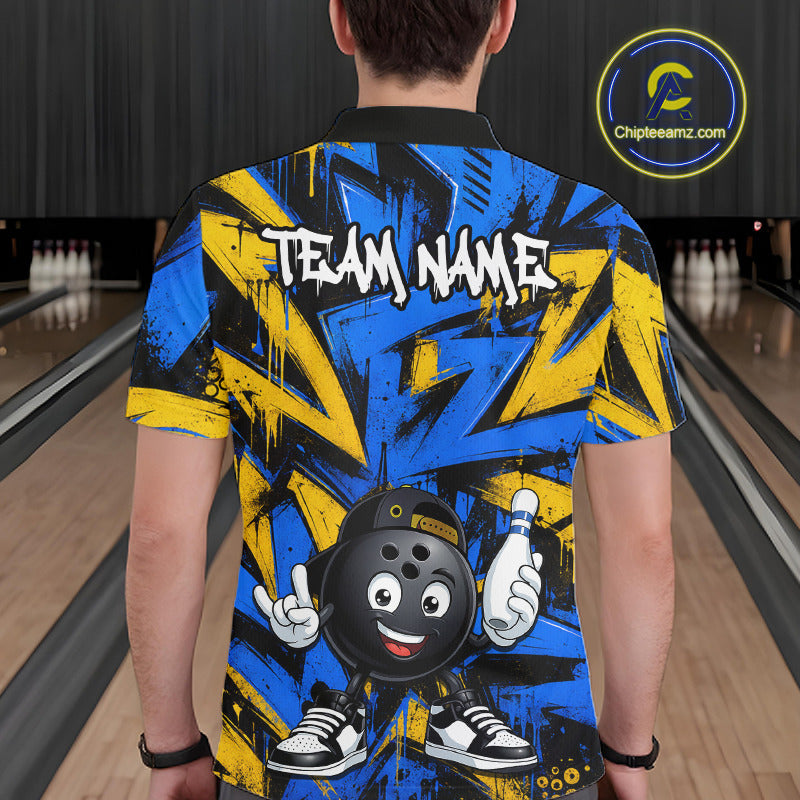Male model wearing Funny Rock-On Bowling Ball bowling polo, personalized bowling jersey, fun sports lifestyle