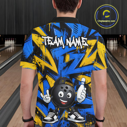 Male model wearing Funny Rock-On Bowling Ball bowling polo, personalized bowling jersey, fun sports lifestyle