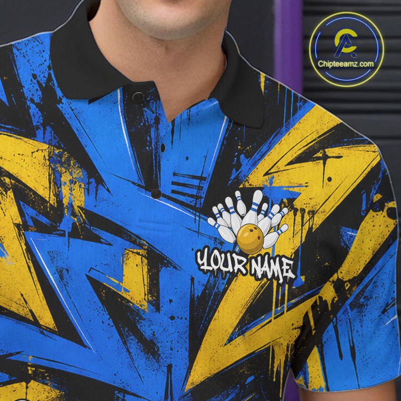 Male model wearing Funny Rock-On Bowling Ball bowling polo, personalized bowling jersey, fun sports lifestyle