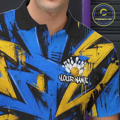 Male model wearing Funny Rock-On Bowling Ball bowling polo, personalized bowling jersey, fun sports lifestyle
