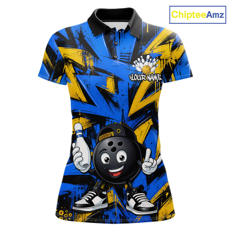 Funny Rock-On Bowling Ball Women's Bowling Polo Shirt, Blue Yellow Bowling Team Jersey, Cartoon Bowling Ball Performance Polo, Tournament Apparel, League Uniform