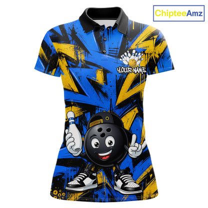 Funny Rock-On Bowling Ball Women's Bowling Polo Shirt, Blue Yellow Bowling Team Jersey, Cartoon Bowling Ball Performance Polo, Tournament Apparel, League Uniform
