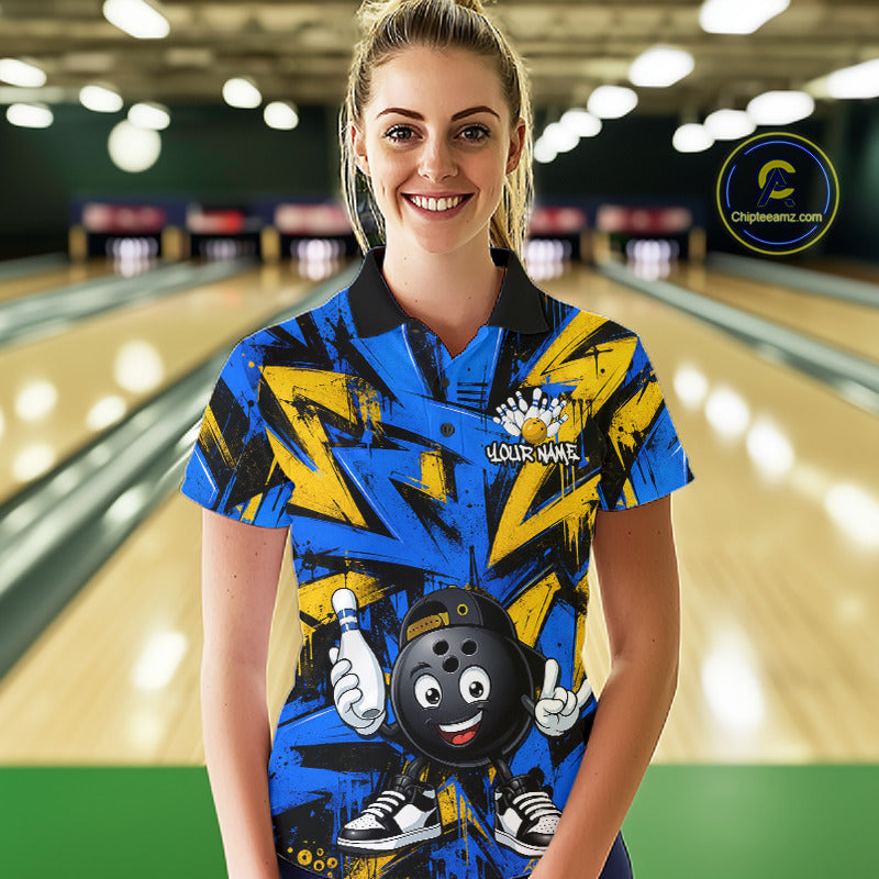 Female model wearing Funny Rock-On Bowling Ball bowling polo, colorful bowling apparel, confidence, tournament fashion